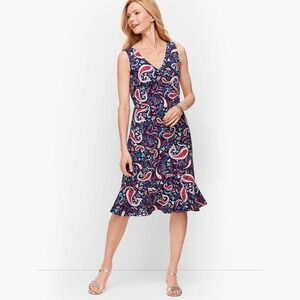 Talbots Flounce Hem Fit & Flare Dress Watercolor Paisley Navy Blue Cotton Small